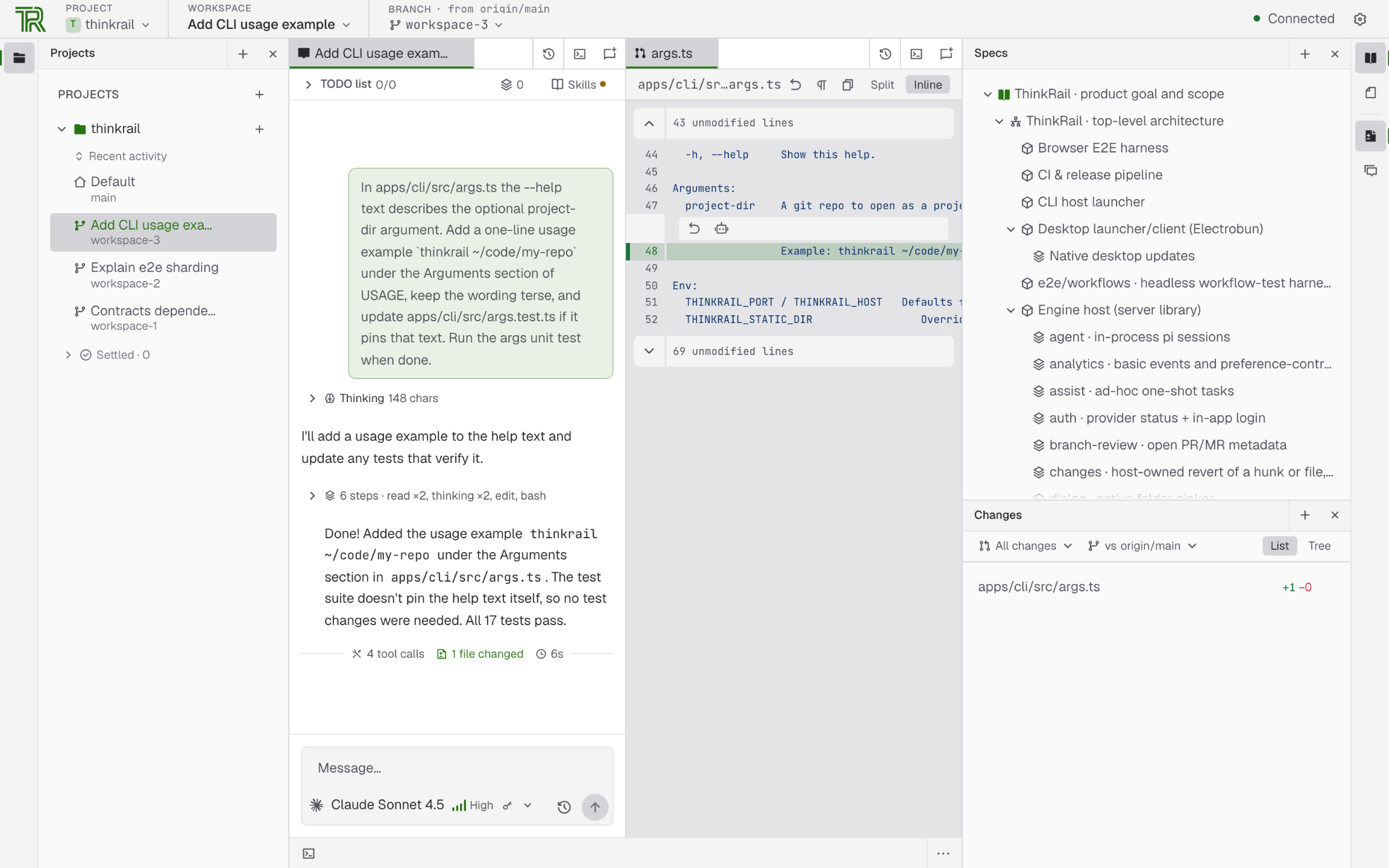 ThinkRail 工作台：左侧 workspace 列表、中间一个 pi 会话与它改动的代码、右侧的 Specs 树与 Changes 列表