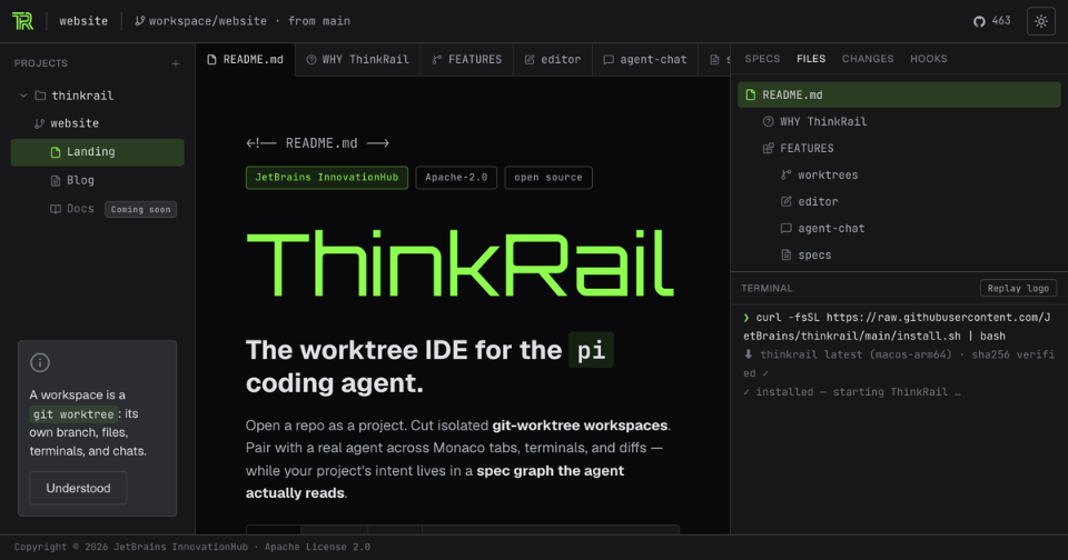 ThinkRail 官网:用 IDE 界面来介绍自己在做什么